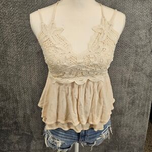 Listicle Beige Crochet Lace Peplum Cami Top Smocked Back Boho V-Neck Small